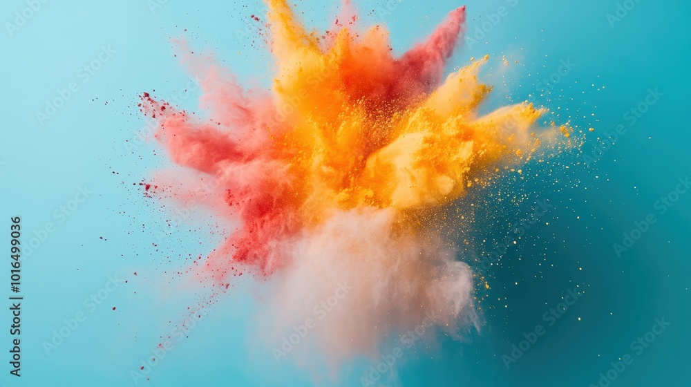 A powerful explosion of yellow and red powders blending on a bright aqua background, representing dynamic movement and intensity in an artistic composition. A powerful explosion of yellow and red powders blending on a bright aqua background, representing dynamic movement and intensity in an artistic composition.