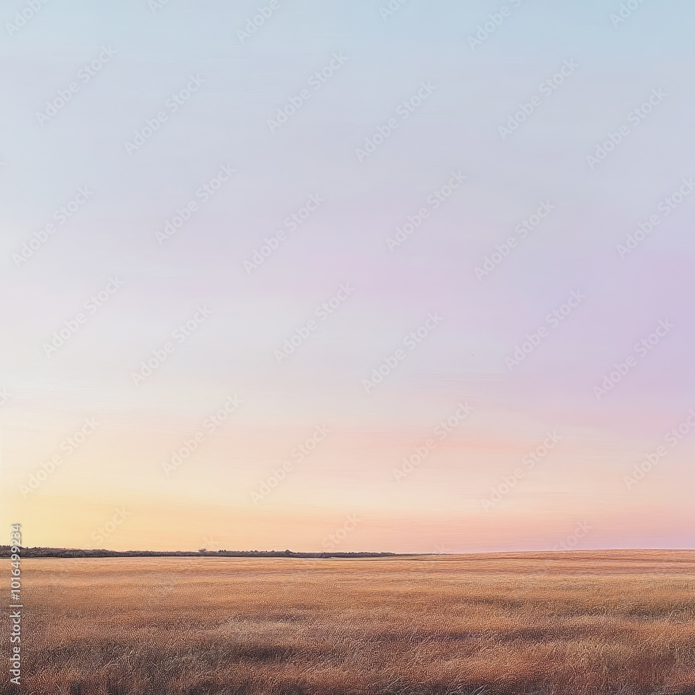 A panoramic shot of a wide-open prairie at sunrise, with the sky painted in soft pastel hues and a distant tree line A panoramic shot of a wide-open prairie at sunrise, with the sky painted in soft pastel hues and a distant tree line