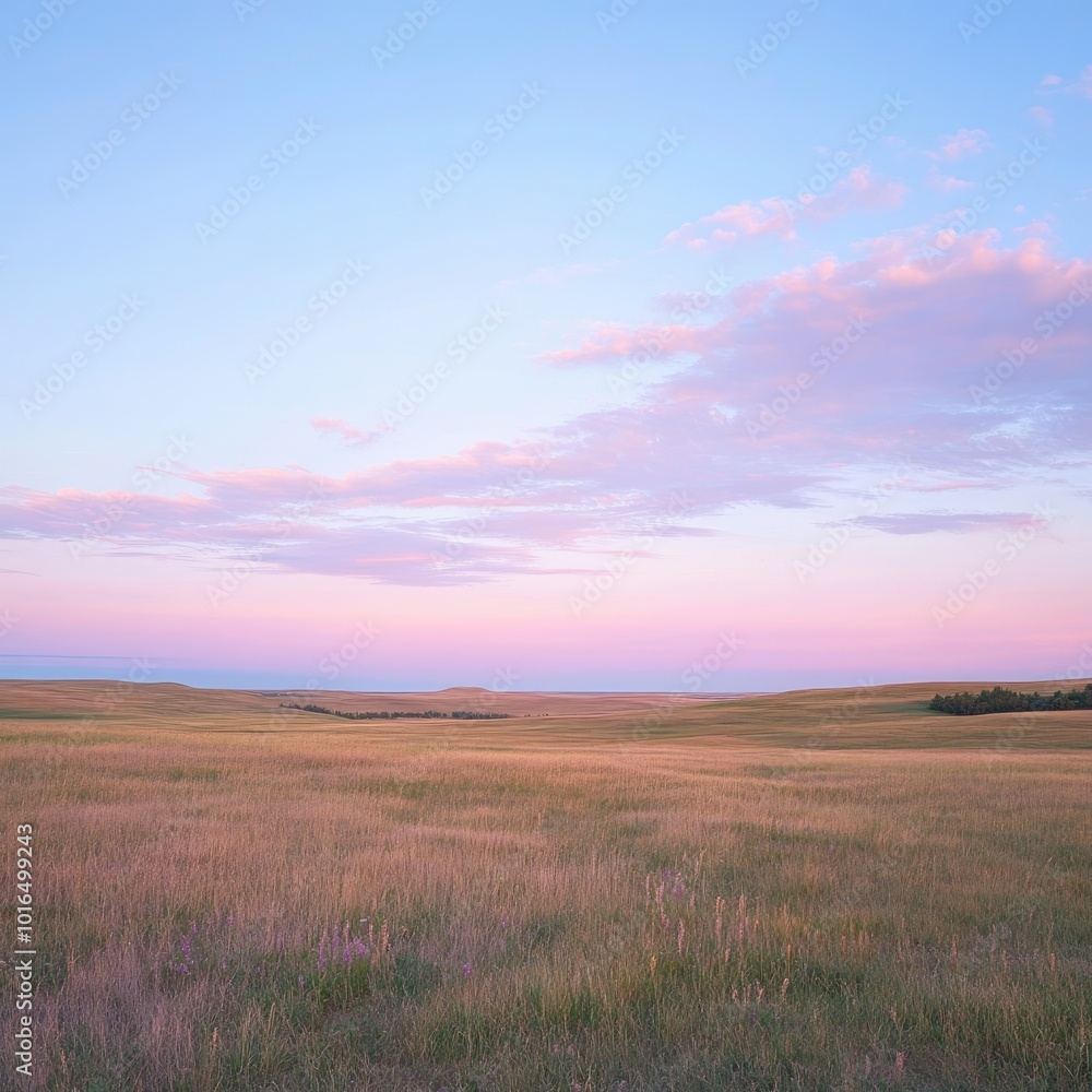 Obraz premium A panoramic shot of a wide-open prairie at sunrise, with the sky painted in soft pastel hues and a distant tree line