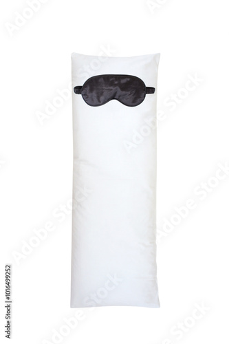 Long hugging Pillow and Black Sleeping mask. Creative concept isolated on white background. Dakimakura pillow Mockup. Anti-stress and Body pillow and Eye silk mask. Front view. 