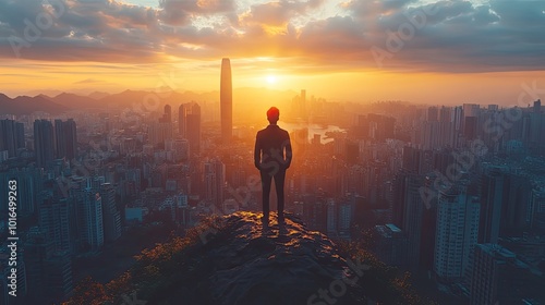 businessman standing atop a mountain peak overlooking a city landscape vision and success concept underscoring the achievement of reaching one s goals triumphant moment.create by F.a