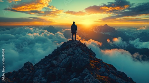 businessman standing in a heroic pose atop a mountain peak pioneering of new paths and the attainment of business heights perseverance leadership and the spirit of entrepreneurship.create by F.a photo