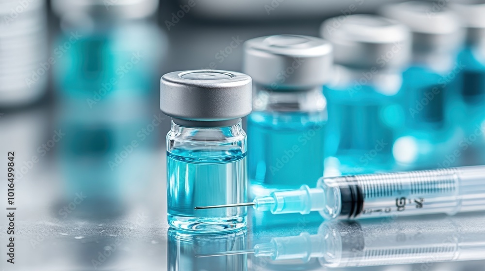 Medical vials filled with blue serum are lined with a syringe on a reflective surface, symbolizing scientific advancement and precise healthcare solutions. Medical vials filled with blue serum are lined with a syringe on a reflective surface, symbolizing scientific advancement and precise healthcare solutions.