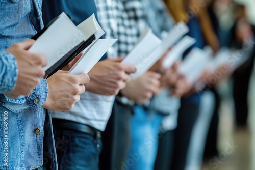 Group of individuals holding various books, perfect for depicting reading habits or educational settings. photo