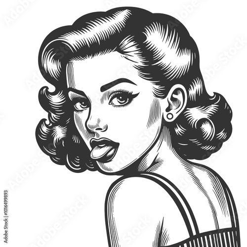 pin-up girl with wavy hair, sticking out her tongue in a playful, seductive pose sketch engraving generative ai fictional character vector illustration. Scratch board imitation. Black and white image.