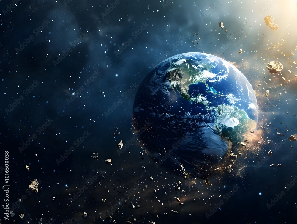 Vibrant Earth Surrounded by Space Debris Highlighting Human Impact on Planetary Orbit Vibrant Earth Surrounded by Space Debris Highlighting Human Impact on Planetary Orbit