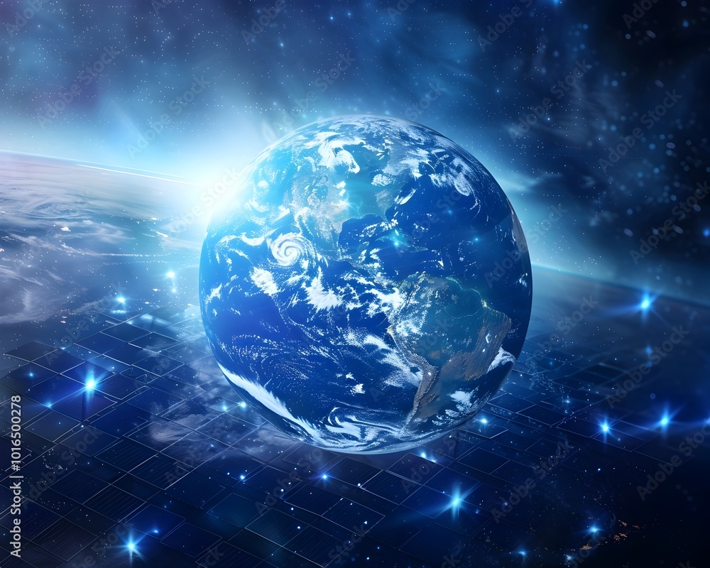 Fototapeta premium Futuristic Earth with Vast Solar Arrays Beaming Renewable Energy From Space