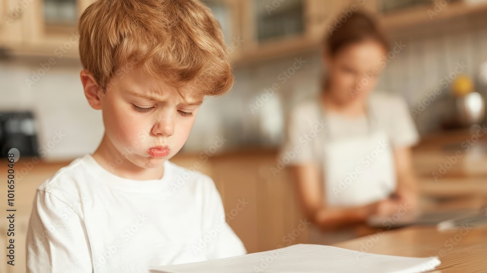 Gestresstes Kind drückt Emotionen im häuslichen Umfeld aus - Konzept des Familienlebens und der Emotionen Gestresstes Kind drückt Emotionen im häuslichen Umfeld aus - Konzept des Familienlebens und der Emotionen