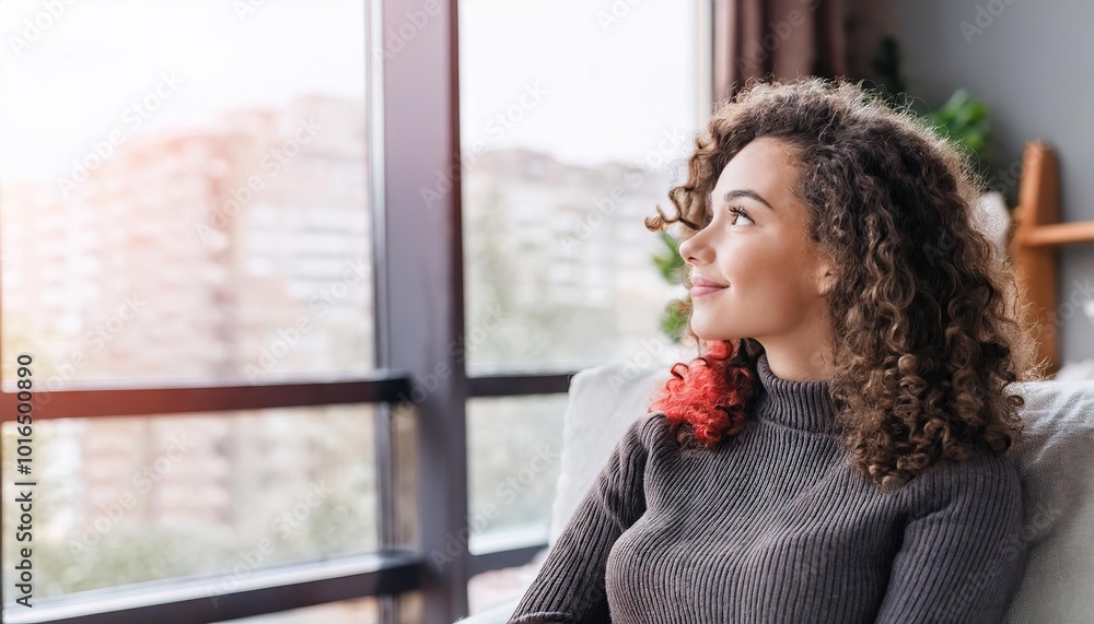 youth curly haired girl deep think looking into daylight window sitting chair indoors living room chill out at house apartment youth curly haired girl deep think looking into daylight window sitting chair indoors living room chill out at house apartment