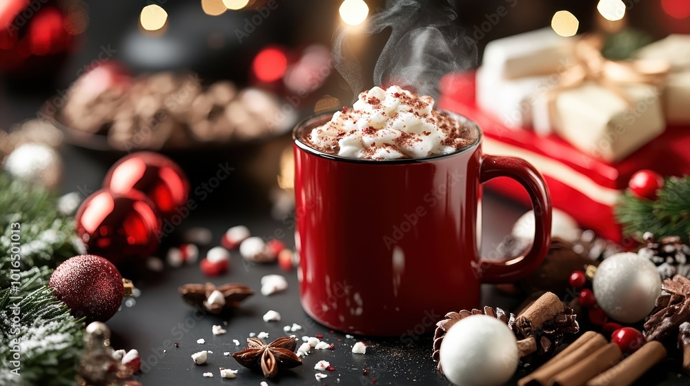A cozy image featuring a steamy red mug filled with rich cocoa, topped with whipped cream and seasonal sprinkles, set amidst a festive holiday scene. A cozy image featuring a steamy red mug filled with rich cocoa, topped with whipped cream and seasonal sprinkles, set amidst a festive holiday scene.