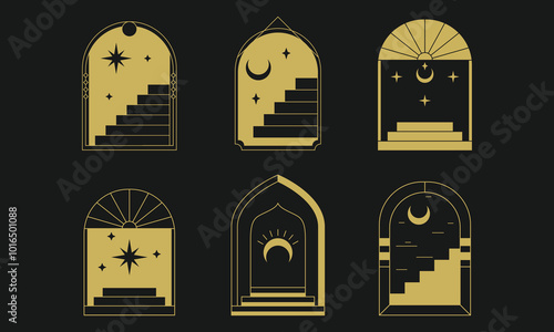 Mystical Staircase and Moon Arched Window Illustration Set

