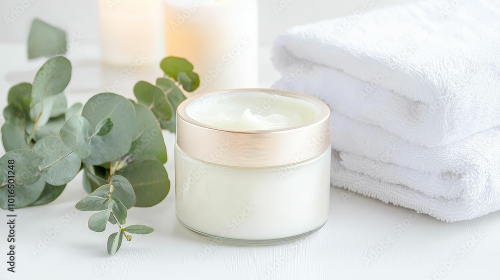 Hair mask in an elegant jar, placed beside eucalyptus leaves and towels, spa-like atmosphere Hair mask in an elegant jar, placed beside eucalyptus leaves and towels, spa-like atmosphere