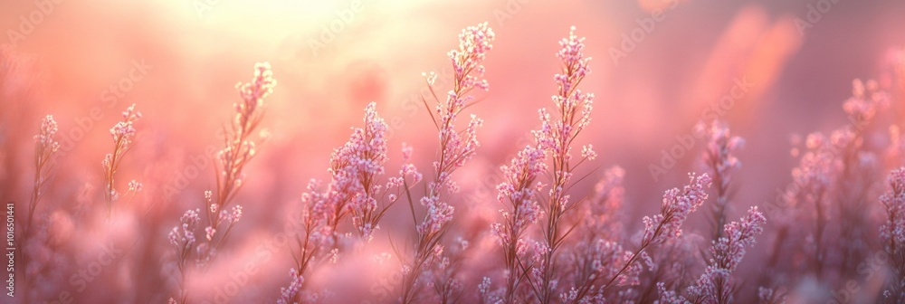 Serene Meadow Scene, lush green grass adorned with delicate pink flowers, inviting tranquility and natural beauty in a soft, dreamy ambiance Serene Meadow Scene, lush green grass adorned with delicate pink flowers, inviting tranquility and natural beauty in a soft, dreamy ambiance