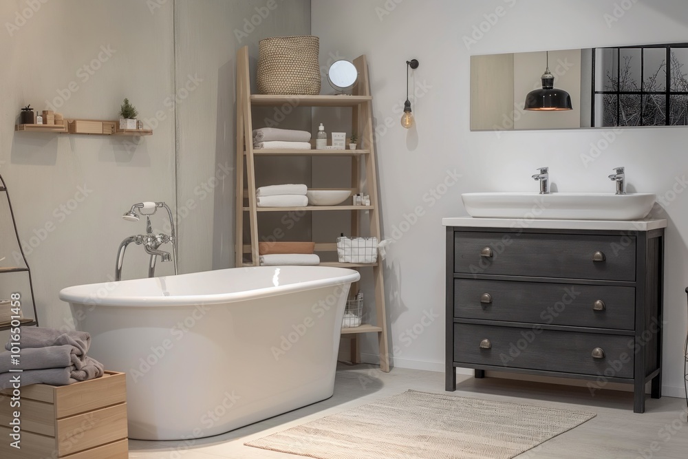 Serene bathroom with white bathtub, sink, and toilet. Light gray walls, white rug, wooden cabinet, and shelf with plant and vase. Warm atmosphere, modern decor, and stylish elements. Serene bathroom with white bathtub, sink, and toilet. Light gray walls, white rug, wooden cabinet, and shelf with plant and vase. Warm atmosphere, modern decor, and stylish elements.