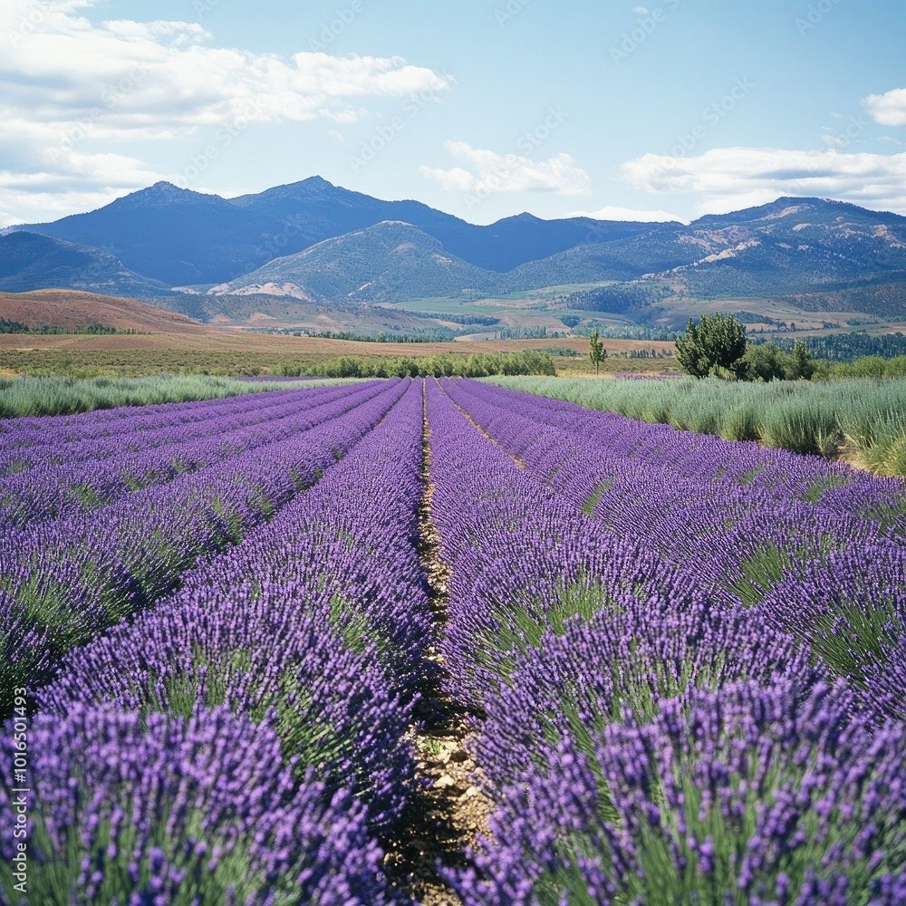 Naklejka premium A panoramic view of a wide-open field of blooming lavender, with rows of purple flowers leading toward distant mountains