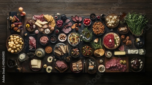 A beautifully arranged table scene featuring a variety of culinary delights, including gourmet appetizers, main courses, and desserts, presented from above on a dark wood background.