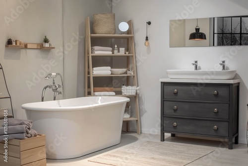 Serene bathroom with white bathtub, sink, and toilet. Light gray walls, white rug, wooden cabinet, and shelf with plant and vase. Warm atmosphere, modern decor, and stylish elements.