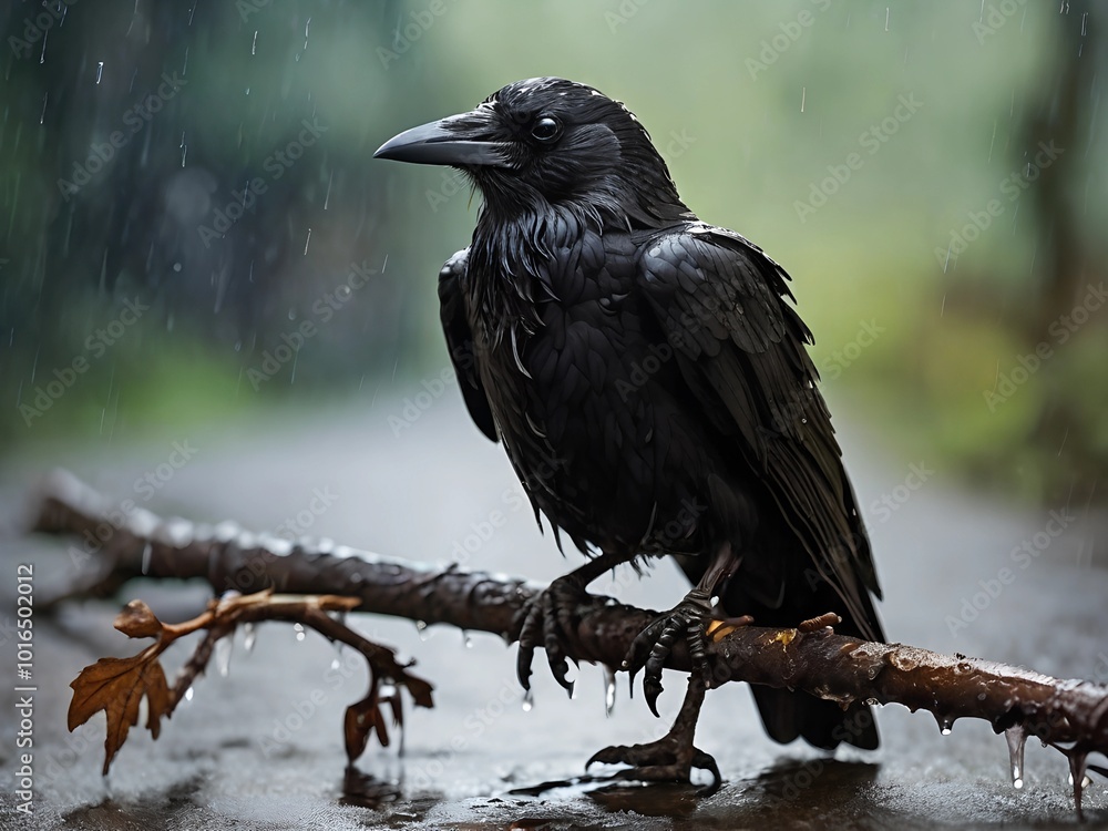 Fototapeta premium lonely crow raven bird sits on a branch in summer spring in the rain AI generated