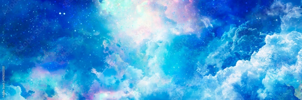 パステルカラーの入道雲の神秘的な宇宙背景ワイドイラスト パステルカラーの入道雲の神秘的な宇宙背景ワイドイラスト