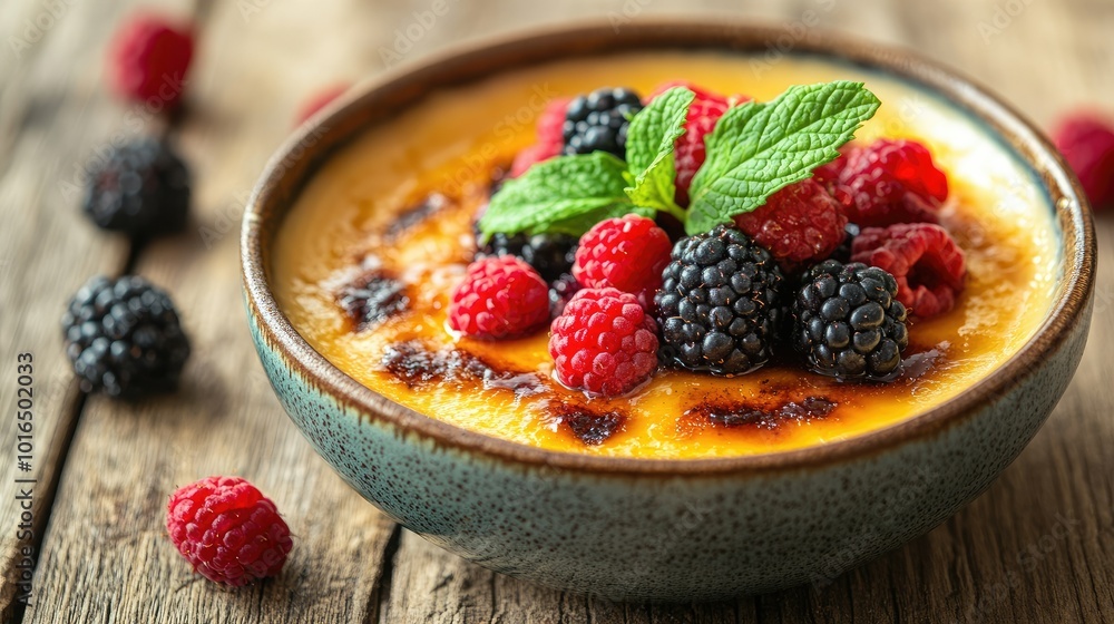 A bowl of decadent topped with assorted berries and a mint garnish, resting on a rustic wooden table. Close-up view showcasing the dessert's beauty. A bowl of decadent topped with assorted berries and a mint garnish, resting on a rustic wooden table. Close-up view showcasing the dessert's beauty.