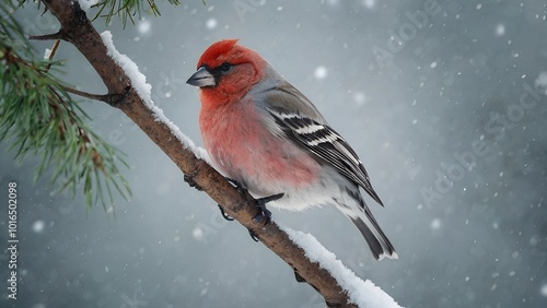 a lonely Pine grosbeak bird sits on a branch in winter during a snowfall AI generated