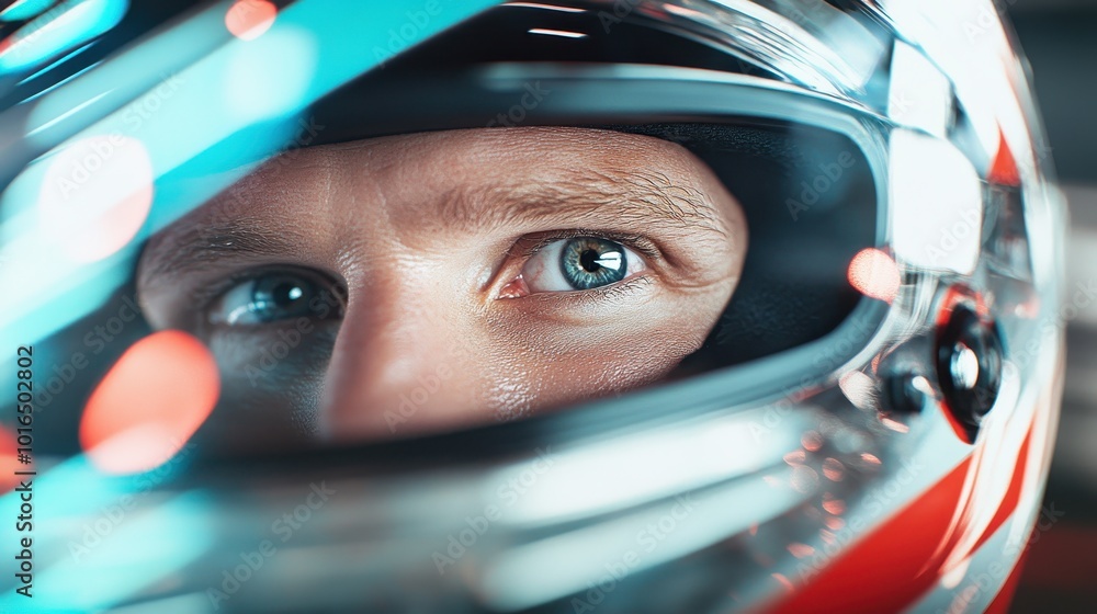 A detailed close-up of a man wearing a colorful helmet, with his piercing blue eyes in focus, conveying a sense of determination and readiness for action. A detailed close-up of a man wearing a colorful helmet, with his piercing blue eyes in focus, conveying a sense of determination and readiness for action.