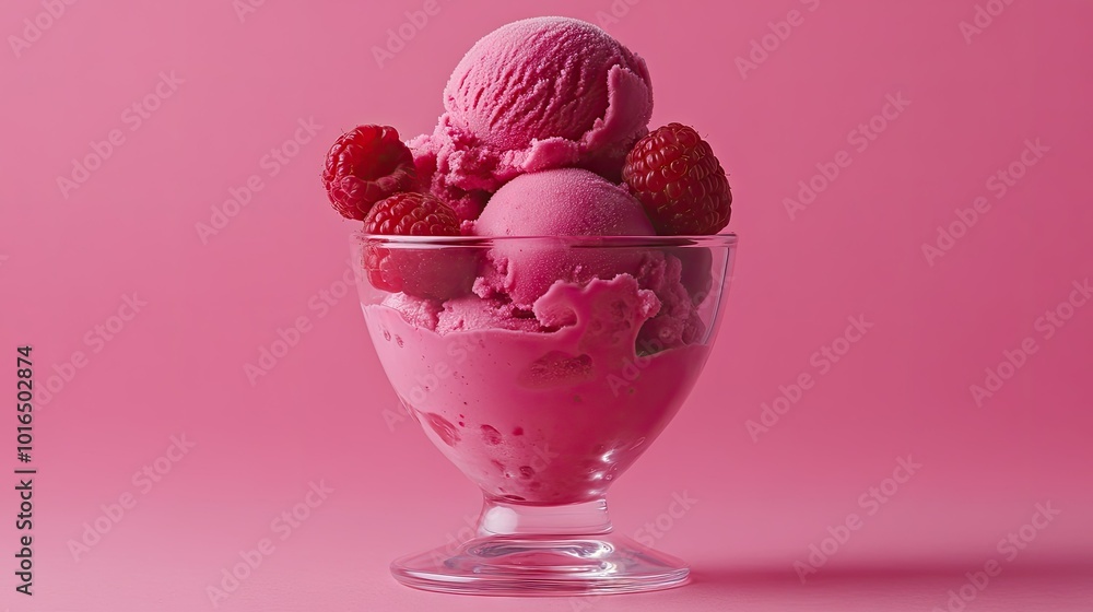 A charming presentation of raspberry ice cream in a glass cup, highlighted by a vibrant pink backdrop. The juicy raspberries add a delicious flavor contrast, perfect for summer indulgence. A charming presentation of raspberry ice cream in a glass cup, highlighted by a vibrant pink backdrop. The juicy raspberries add a delicious flavor contrast, perfect for summer indulgence.