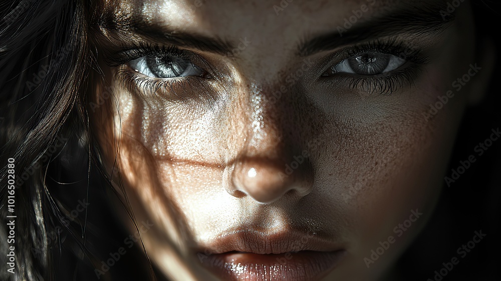 close up of a woman s face split by light and shadow symbolizing duality and inner conflict.illustration close up of a woman s face split by light and shadow symbolizing duality and inner conflict.illustration