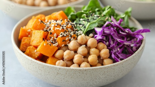 Close-up of a vegan Buddha bowl, filled with organic chickpeas, sweet potatoes, and leafy greens