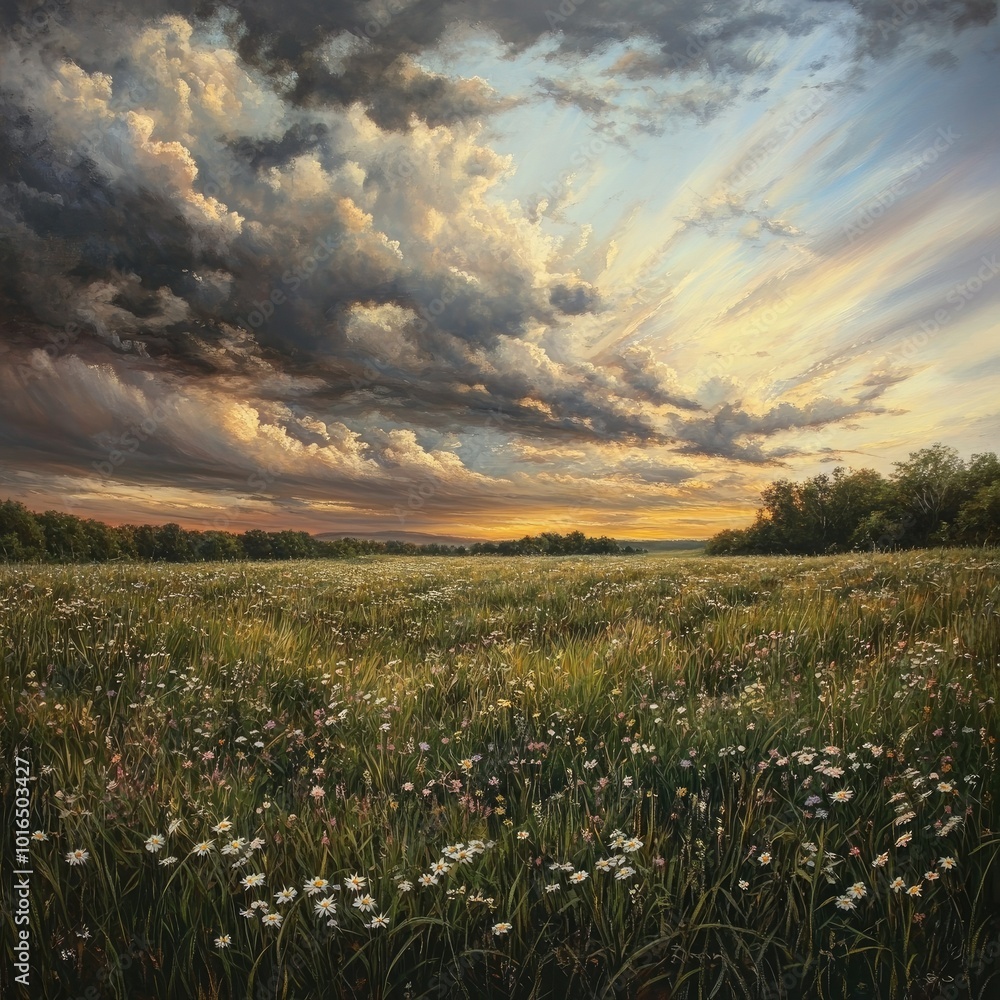 A peaceful field of tall grasses with wildflowers scattered throughout, under a dramatic, cloud-filled sky A peaceful field of tall grasses with wildflowers scattered throughout, under a dramatic, cloud-filled sky