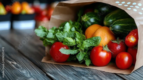 An enticing display of fresh tomatoes, zucchini, and oranges spilling from a brown grocery bag, symbolizing health and abundance with vibrant, natural colors.