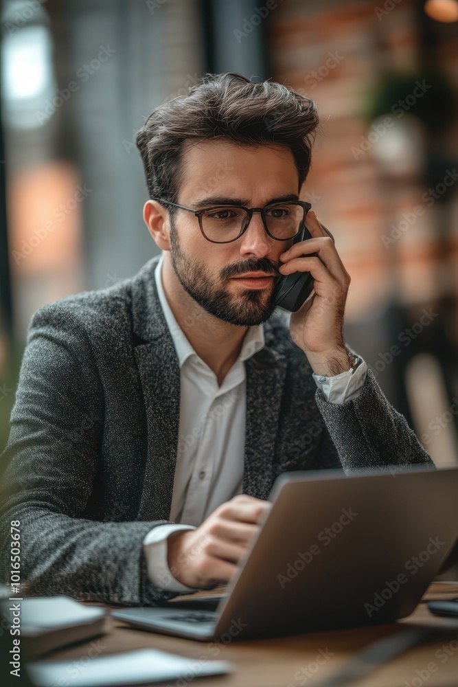 Businessman wearing glasses talking on the phone while working on a laptop in a modern office environment Businessman wearing glasses talking on the phone while working on a laptop in a modern office environment