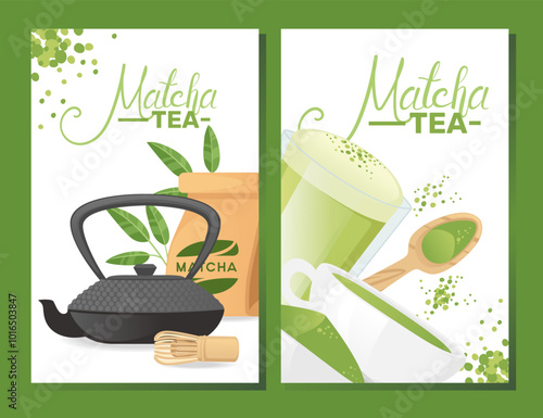 Matcha tea promotional design featuring a traditional teapot with a green tea theme. Perfect for advertising matcha products, tea shops, or organic beverage brands. Vector illustration