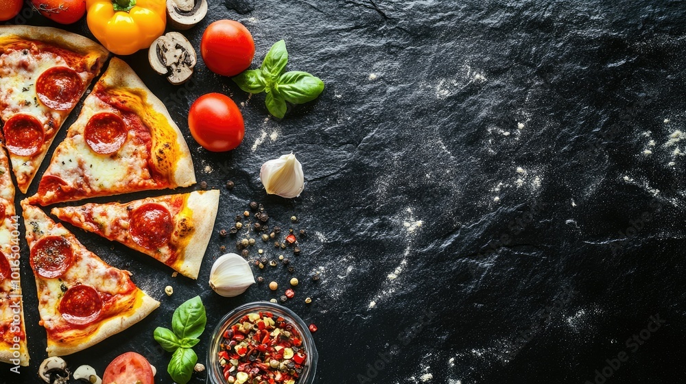 A creative pizza banner showcasing a variety of pizza slices alongside fresh ingredients, all presented on a dramatic black stone background for a bold and appetizing visual appeal. A creative pizza banner showcasing a variety of pizza slices alongside fresh ingredients, all presented on a dramatic black stone background for a bold and appetizing visual appeal.