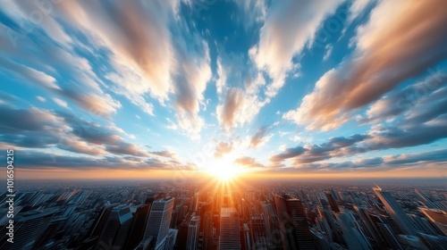 A breathtaking view of an expansive cityscape under a vibrant and colorful sunrise, conveying energy, hope, and endless possibilities in urban life. photo