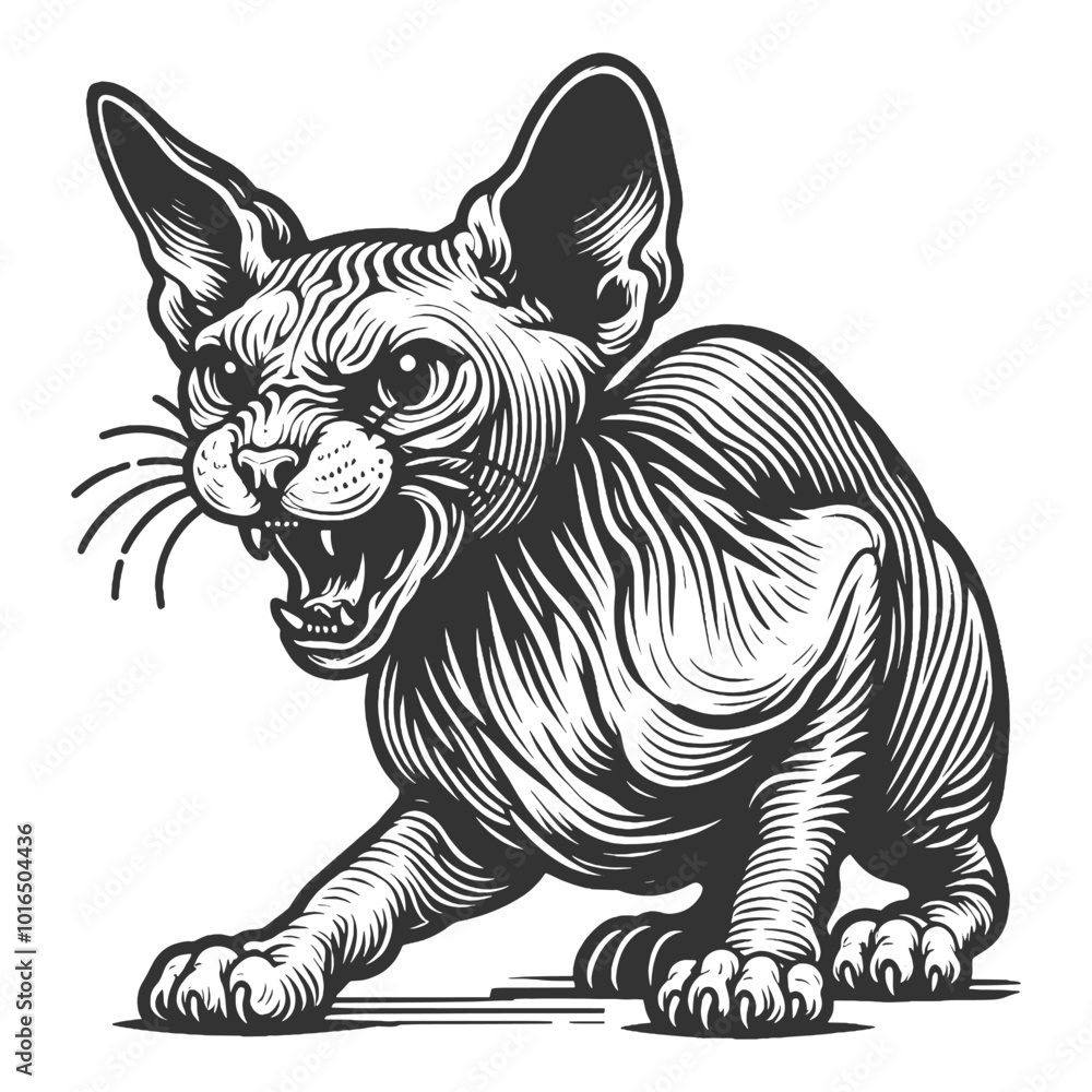 Fototapeta premium Fierce growling Sphynx Cat tattoo sketch engraving generative ai vector illustration. Scratch board imitation. Black and white image.