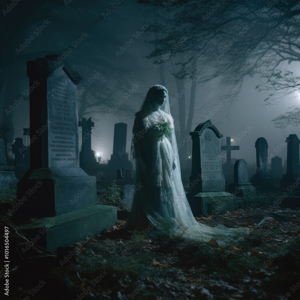 Ethereal Figure in Tattered Wedding Dress in Graveyard Ethereal Figure in Tattered Wedding Dress in Graveyard