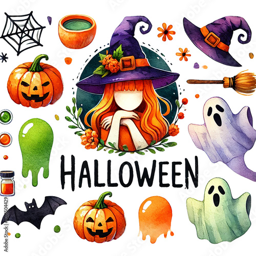 Halloween themed illustrations featuring pumpkins, ghosts, and a witch on a white isolate background. photo