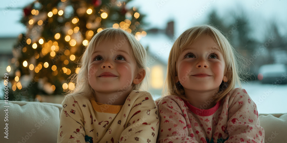 Obraz premium Magical Night Kids in Pajamas Watch the Sky for Sleigh