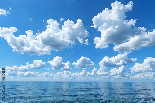 Tranquil Ocean Horizon with Fluffy Clouds Under a Clear Blue Sky for Serenity and Calmness