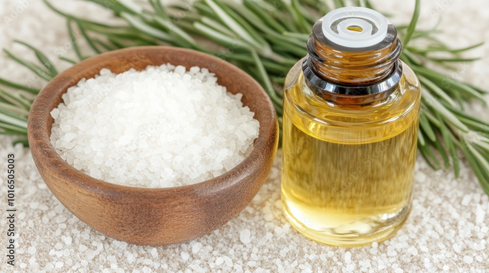 Ätherisches Rosmarinöl und Meersalz für Aromatherapie- und Wellnessprodukte Ätherisches Rosmarinöl und Meersalz für Aromatherapie- und Wellnessprodukte