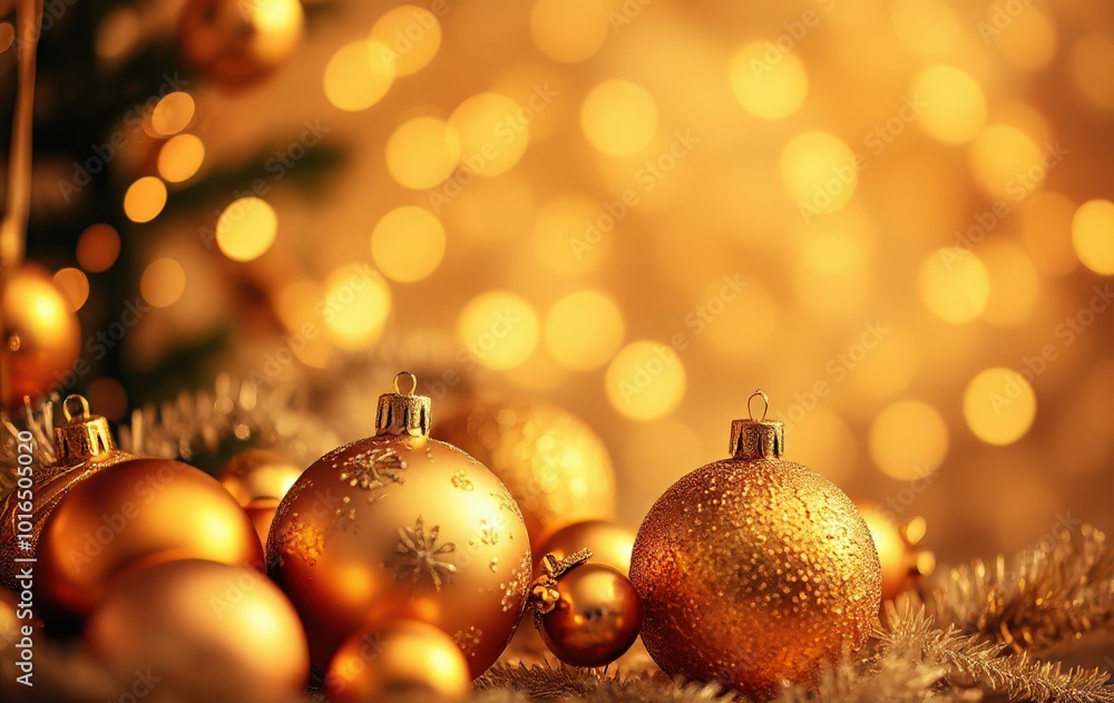 Golden Christmas Ornaments with Bokeh Background Golden Christmas Ornaments with Bokeh Background