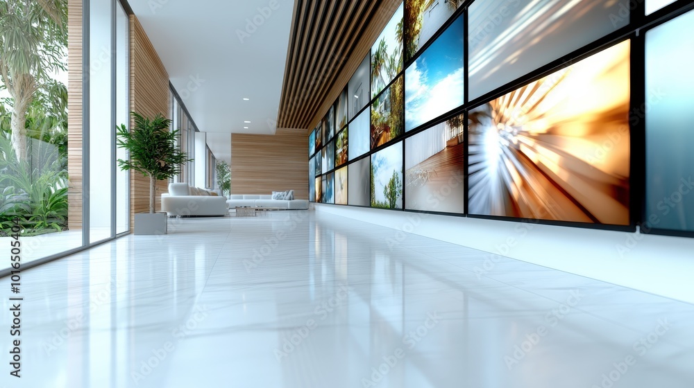 Fototapeta premium A bright gallery showcase with large screens features stunning nature and abstract visuals, reflecting a blend of technology and artistic expression in modern art.