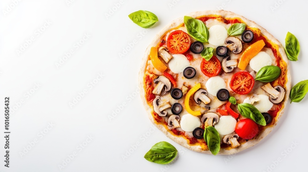 Top View of Delicious Vegetarian Pizza with Fresh Vegetables Top View of Delicious Vegetarian Pizza with Fresh Vegetables