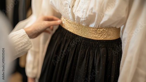 Fashion-Styling: Elegantes Outfit mit Goldakzent für die Frühlingsgarderobe photo