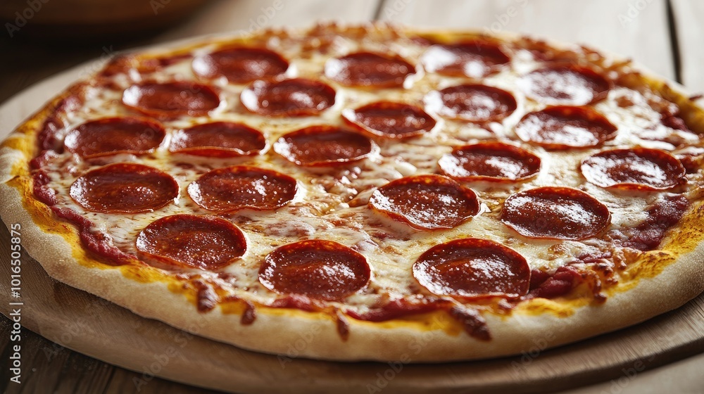 A detailed view of a freshly baked pepperoni pizza, capturing the rich golden-brown crust, the melt-in-your-mouth cheese, and perfectly arranged pepperoni slices, ideal for food enthusiasts. A detailed view of a freshly baked pepperoni pizza, capturing the rich golden-brown crust, the melt-in-your-mouth cheese, and perfectly arranged pepperoni slices, ideal for food enthusiasts.