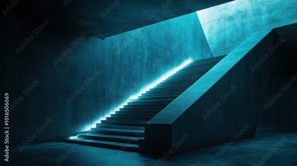 A futuristic staircase illuminated with blue light in a minimalist architectural space. A futuristic staircase illuminated with blue light in a minimalist architectural space.