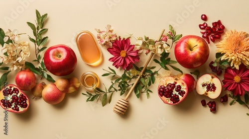 A festive arrangement of Rosh Hashanah symbols such as apples, honey, and pomegranates, complemented by summer flowers on a beige background, perfect for creating Shana Tova greeting cards.