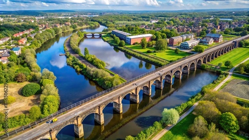 Aerial view of abandoned Latchford Railway Viaduct over Manchester Ship Canal in Warrington UK photo