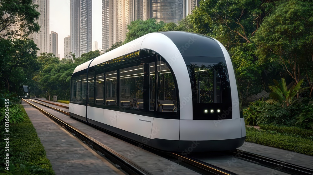 Naklejka premium A modern tram passing through lush greenery, blending urban design with nature in a vibrant cityscape.
